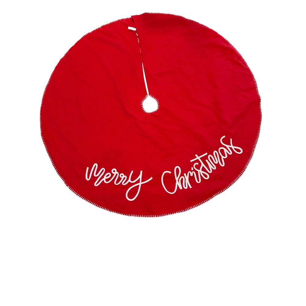 Hobby Lobby Red Merry Christmas Tree Skirt White Embroidery 42 Inch Festive